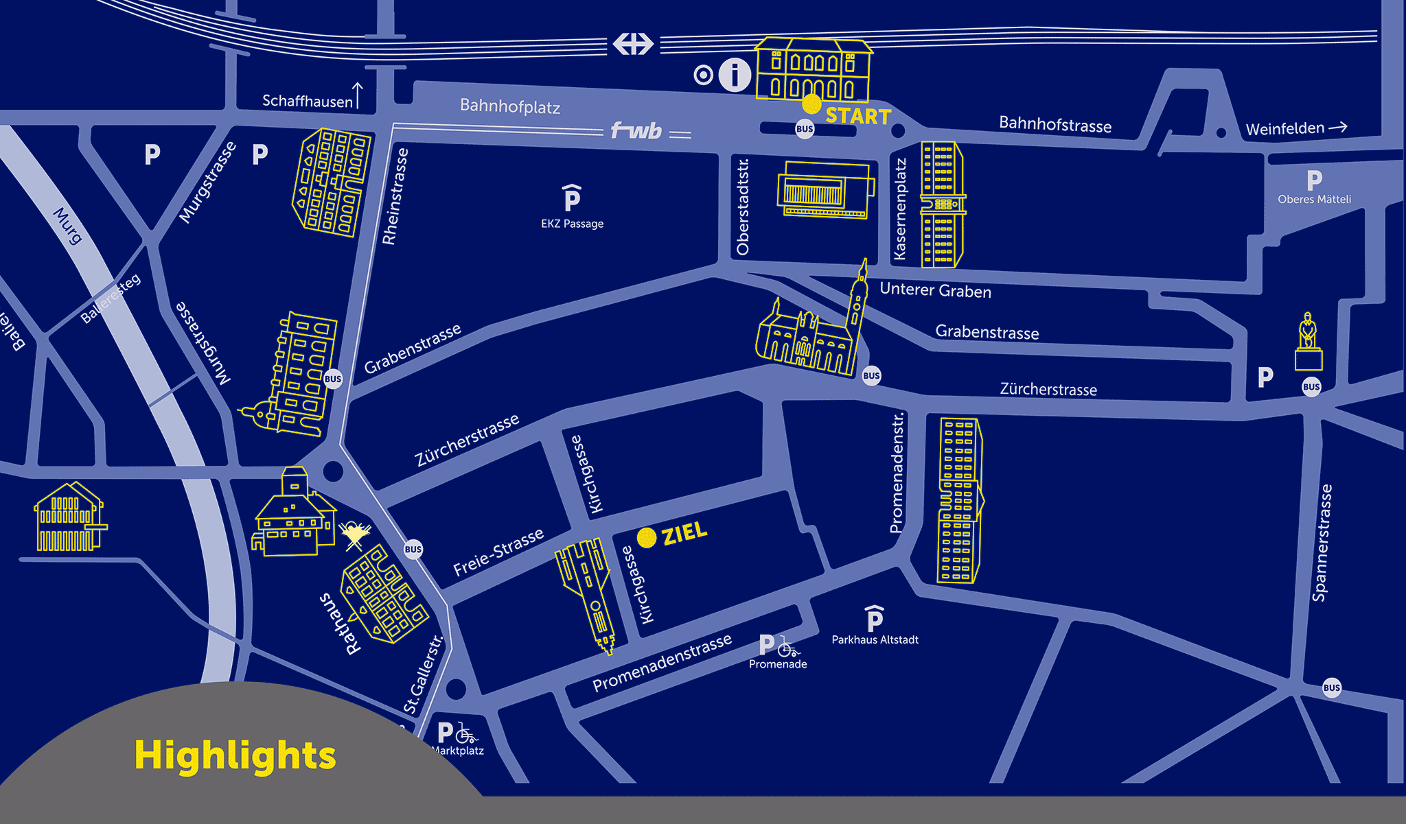 Karte der Frauenfelder Innenstadt mit den eingezeichneten Standorten der «GeschichtenLichter»